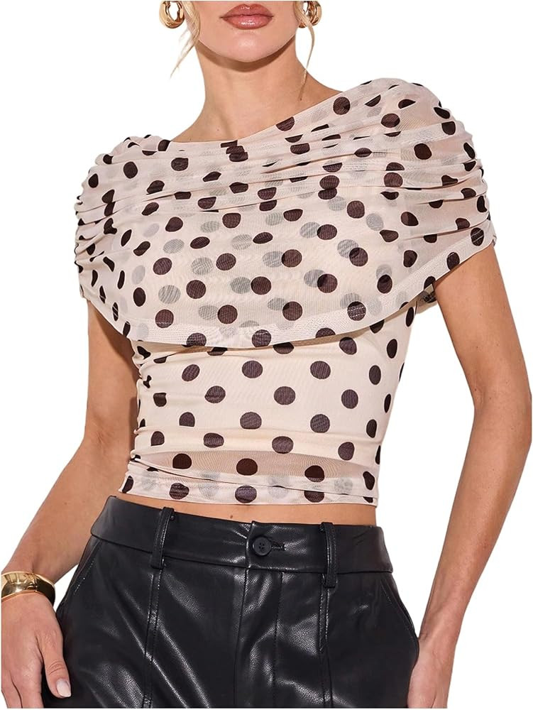 SweatyRocks Women's Polka Dots Ruched Mesh Tops Draped Asymmetrical Dressy Casual Going Out Blous... | Amazon (US)