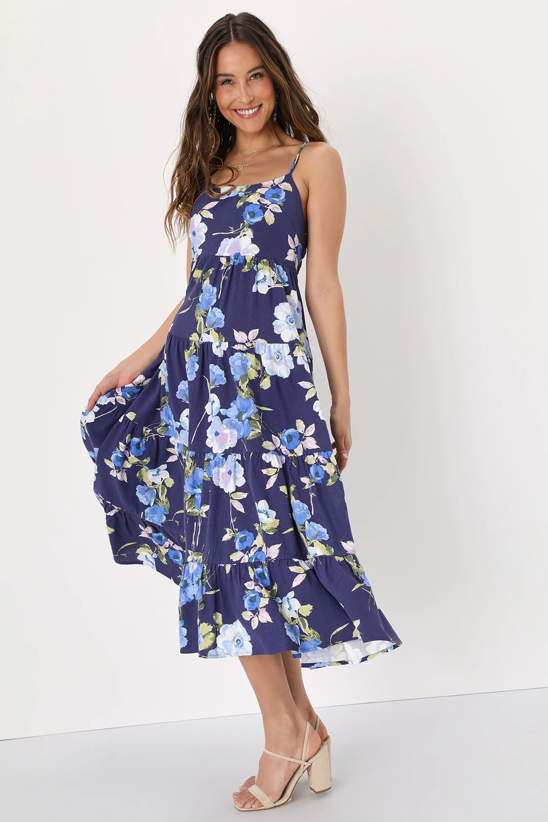 Mykonos Mood Navy Blue Floral Print Tie-Strap Tiered Midi Dress | Lulus (US)