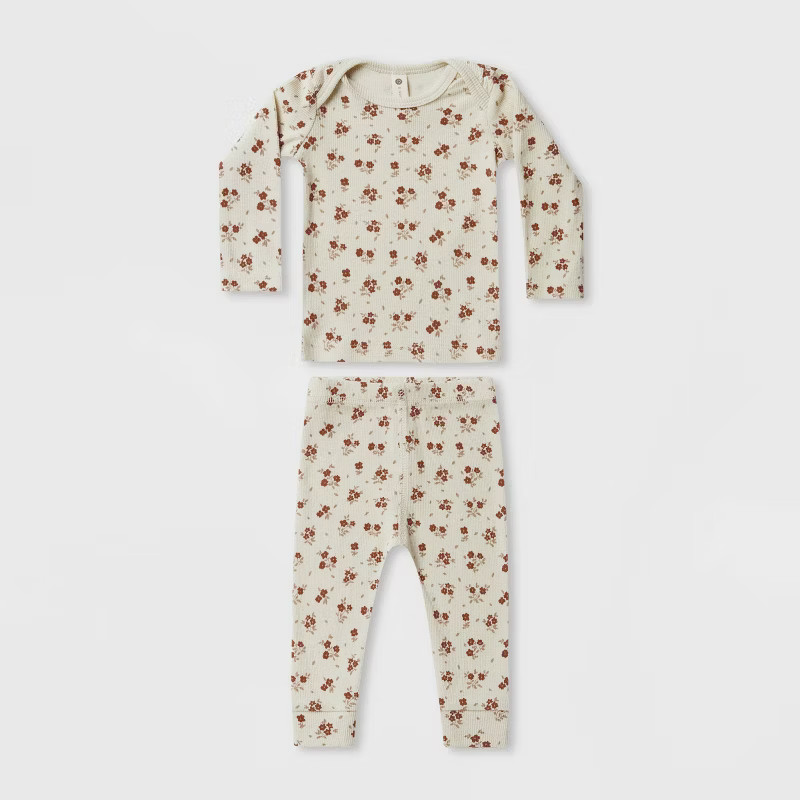 Q by Quincy Mae Baby Girls' 2pc Floral Ribbed Long Sleeve Top & Pants Set - Ivory | Target