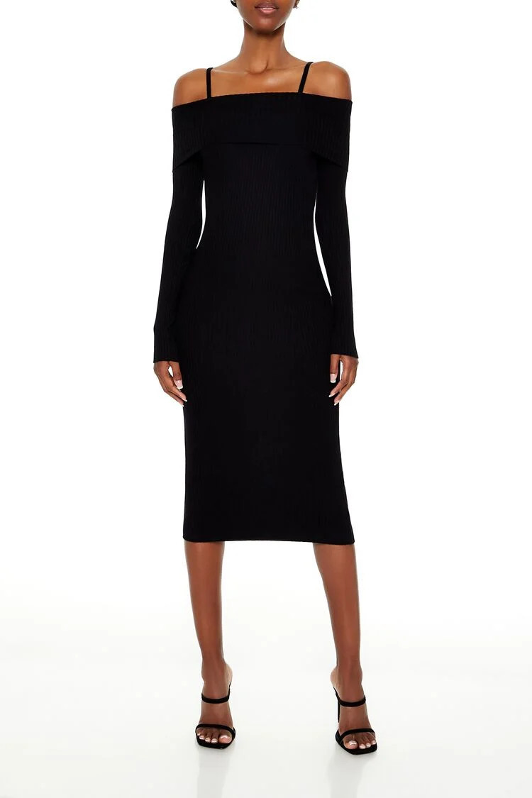 Women's Open-Shoulder Midi Sweater Dress in Black, XS | Forever 21