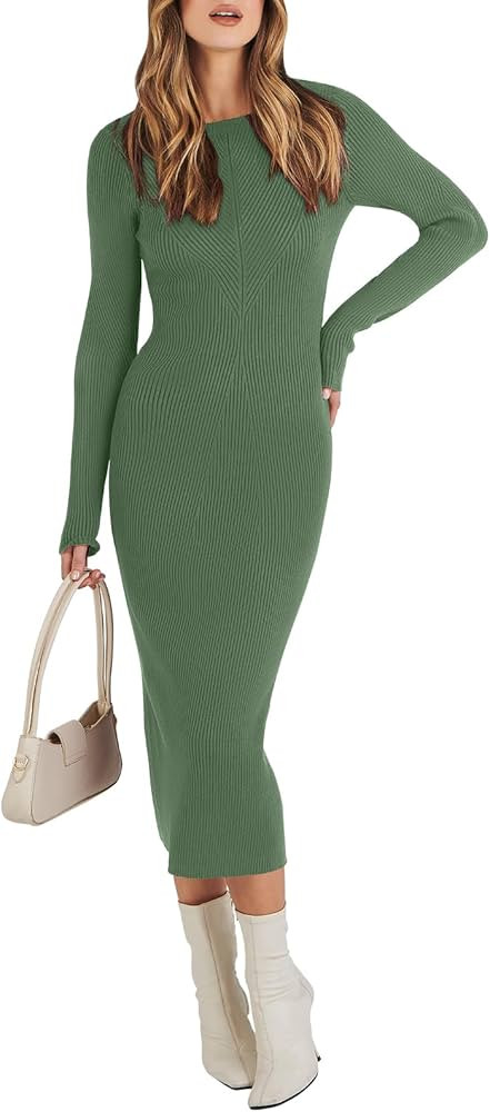 ANRABESS Women's 2023 Trendy Long Sleeve Sweater Dress Crewneck Slim Fit Ribbed Knit Bodycon Midi... | Amazon (US)