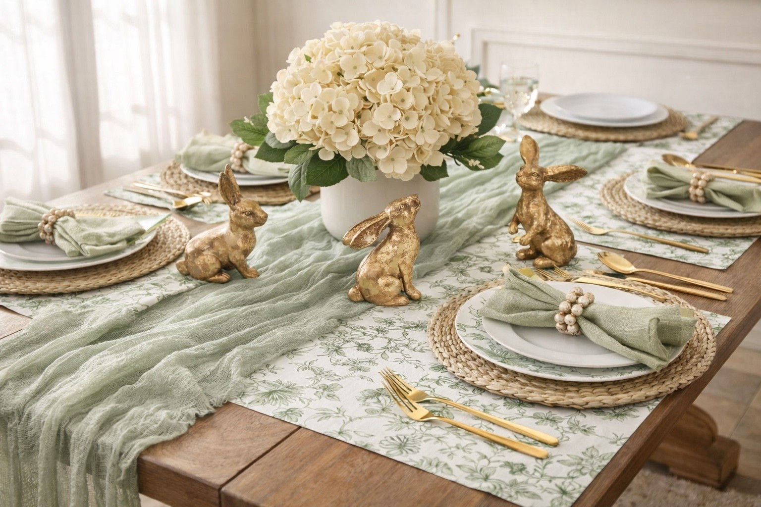 Hosting Easter this year? 🐇✨
I styled the prettiest neutral tablescape using Amazon finds — from the sage green cheesecloth runner to the woven placemats, hydrangeas, and these adorable gold bunny accents. It’s giving elevated spring hosting without spending a fortune.

Soft greens + warm golds + natural textures = the perfect modern Easter table.

Everything is linked for you in my LTK 🤍

#EasterTable #SpringTablescape #AmazonHomeFinds #NeutralHomeDecor #HostessWithTheMostess

#LTKFestival #LTKHome #LTKSeasonal