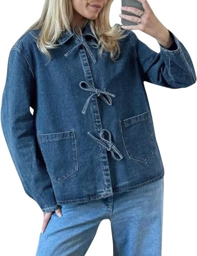 COZYPOIN Women's Tie Front Bow Denim Jacket Cropped Jean Shirts Lightweight Long Sleeve Spring Fall Y2K Top with Pockets | Amazon (US)