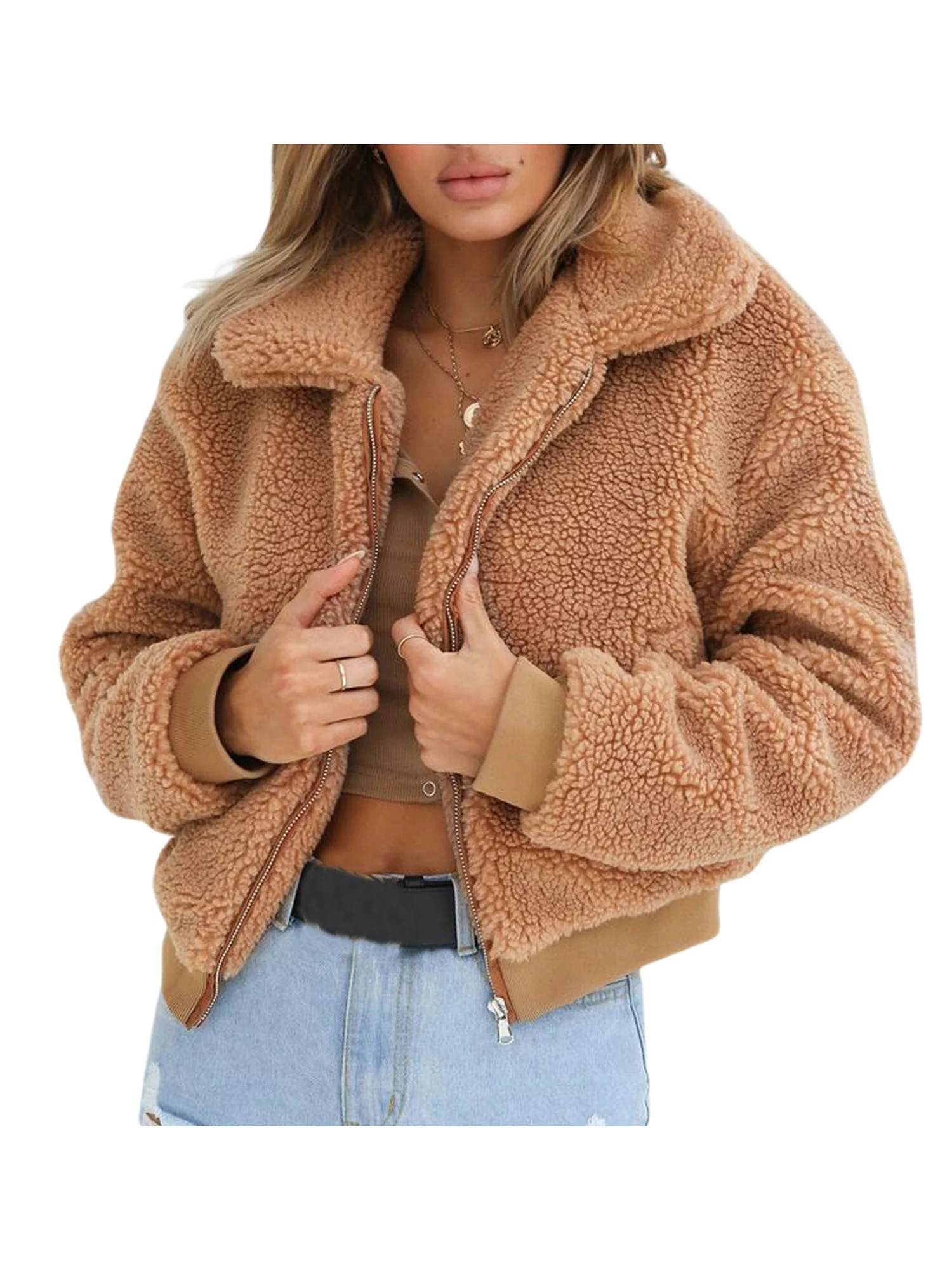 CenturyX Women's Sherpa Fleece Jacket Short Warm Coat with Pockets Outwear Fashion Oversized Zip ... | Walmart (US)