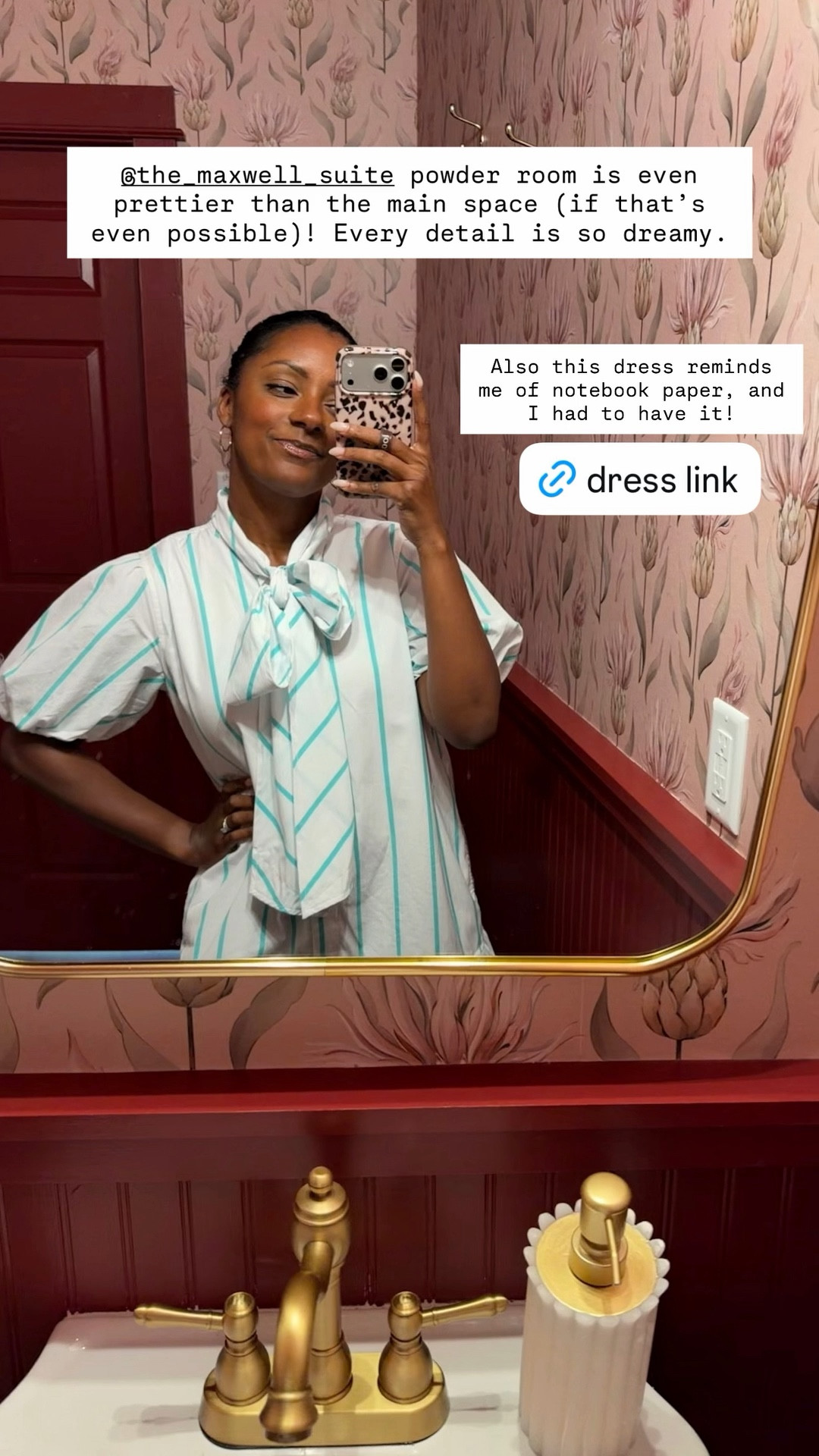 Also this dress reminds me of notebook paper, and I had to have it! @the_maxwell_suite powder room is even prettier than the main space (if that’s even possible)! Every detail is so dreamy.