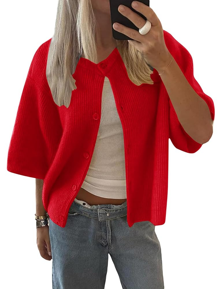 LOMON Womens Spring Summer Short Sleeve Cardigan Sweaters Trendy Crew Neck Button Down Lightweigh... | Amazon (US)