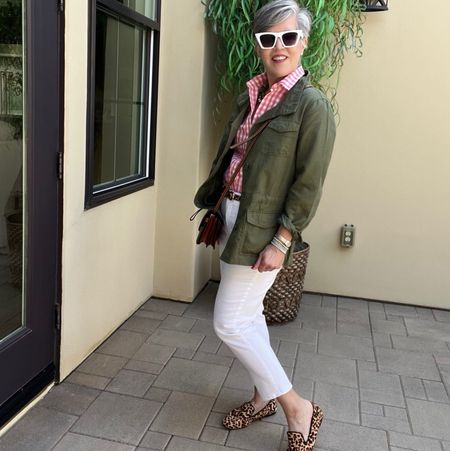 Do you remember in the 60s when pink and avocado 🥑 green were a thing?  Well here is a pink gingham shirt (size up one) worn with white cropped jeans, and an olive utility jacket.  Add leopard 🐆 shoes and a belt for a fun spring look!

#ltkshoecrush
#ltkover40
#ltkover50
#ltkjeans
#ltkspring

#LTKshoecrush #LTKfindsunder100 #LTKSpringSale