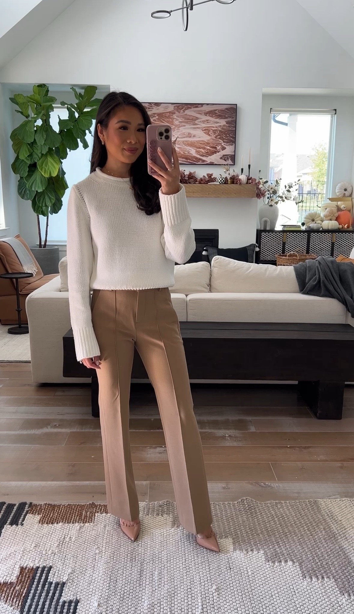 Fall business casual workwear look. Love these tan trousers that have a slight flare and are so flattering on! Easy to style, comfortable on and fits true to size. Wearing XXS. 

#LTKStyleTip #LTKWorkwear #LTKSeasonal