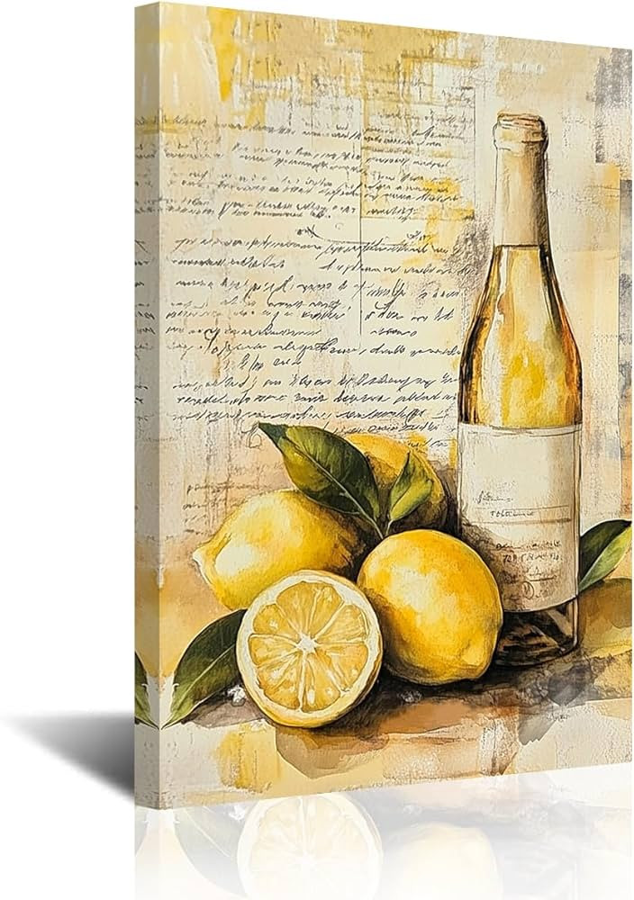 CXHOSTENT Lemon Canvas Wall Art for Kitchen Vintage Lemon and Wine Picture Prints Yellow Fruit Ci... | Amazon (UK)