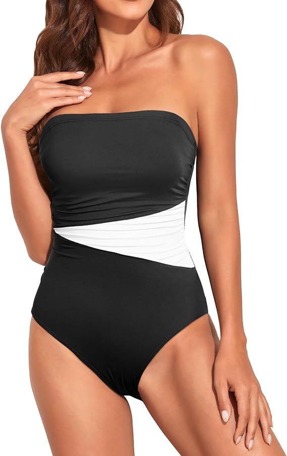 Holipick Women Tummy Control One Piece Swimsuits Strapless Bandeau Bathing Suits Slimming Halter ... | Amazon (US)