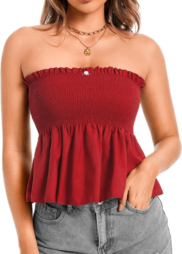 Smocked Babydoll Tube Tops for Women, Ruffle Trim Strapless, Cute Peplum Summer Going Out Vacatio... | Amazon (US)