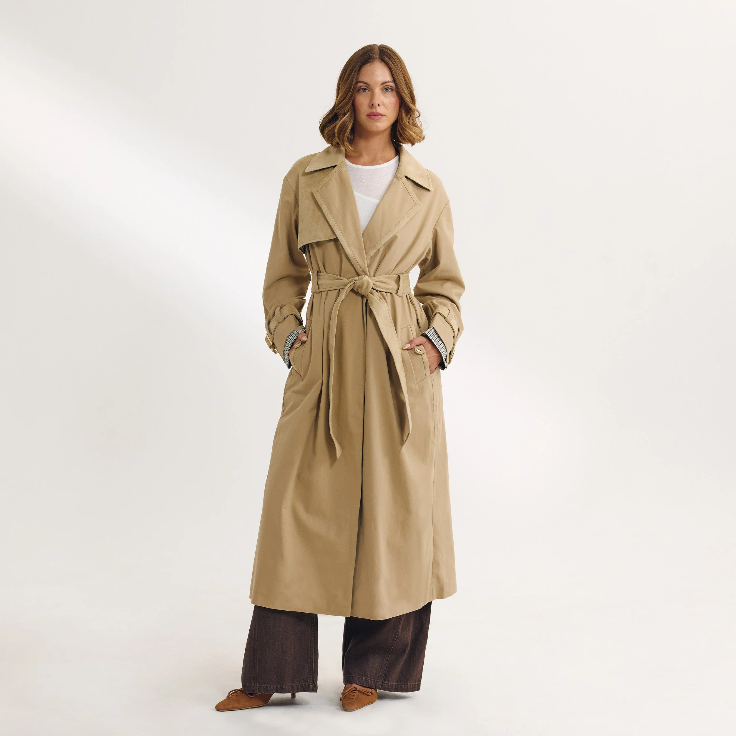 Suedette Trim Trench Coat - Sand | Lounge (UK)