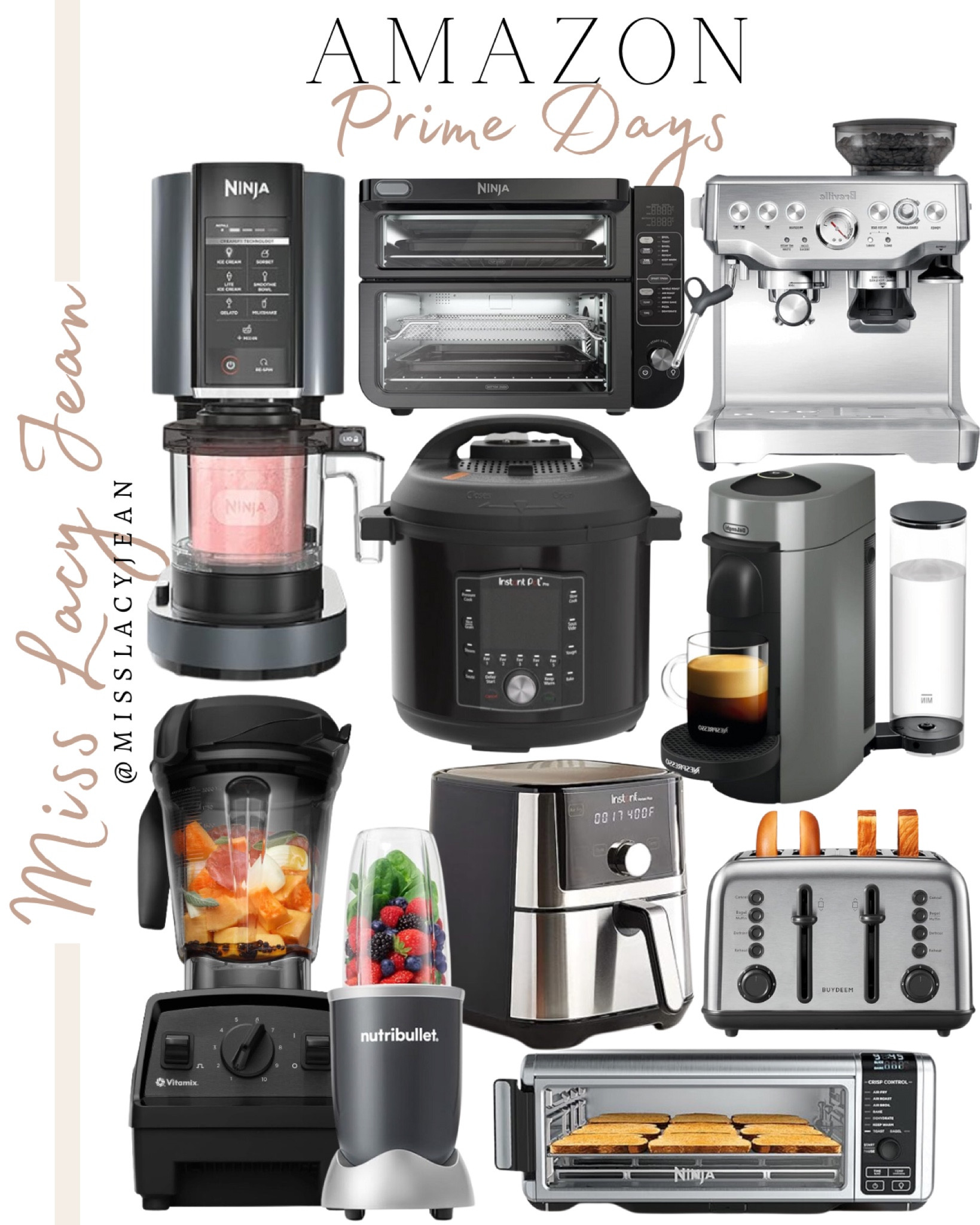 Kitchen gadgets on prime day sale include toaster, ninja Creami, instapot, air fryer, nespresso, toaster oven, nutribullet, Vitamix blender, and espresso machine.

Prime day deals, kitchen dead, kitchen prime day deals, kitchen gadgets

#LTKxPrimeDay #LTKHome #LTKFindsUnder100