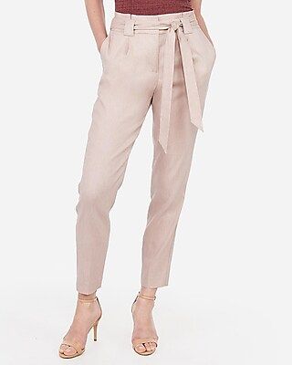 High Waisted Linen-Blend Paperbag Ankle Pant Pink Women's 18 Short | Express