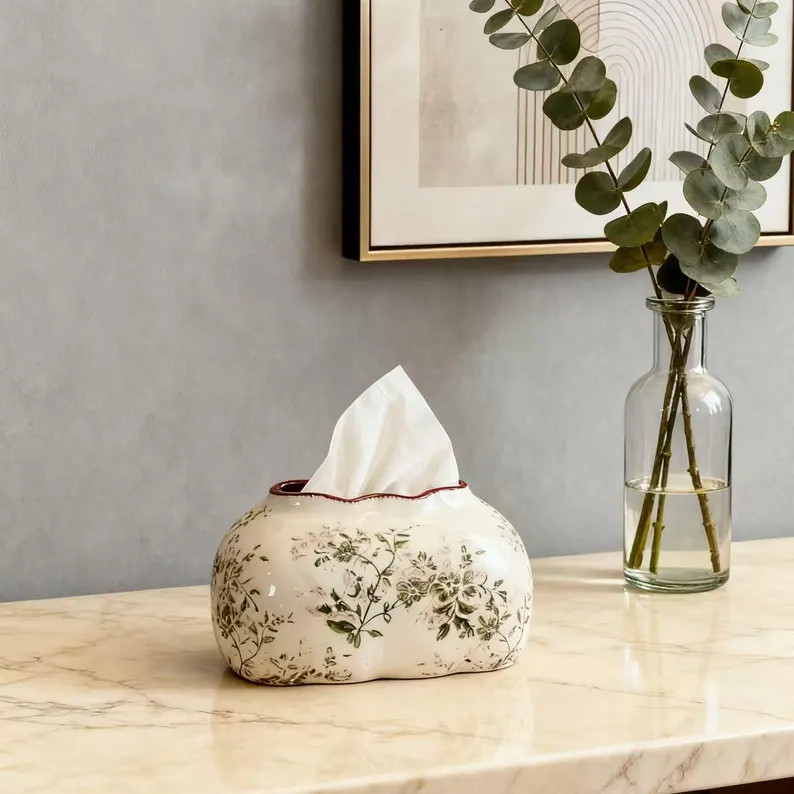 Floral Ceramic Tissue Box Cover, Vintage Home Decor for Living Room Table,Elegant Handmade Gift I... | Etsy (US)