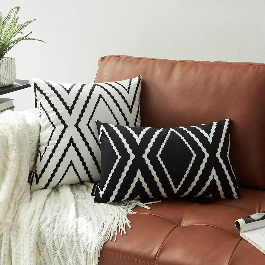 Set of 2 White Pillow Covers 18 x 18 inches Boho Aztec Polyester Blend Square Decorative Throw Pi... | Amazon (US)