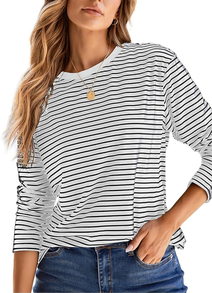 Dokotoo Women's Casual Striped Long Sleeve Tops Crew Neck Knit Basic T Shirts | Amazon (US)