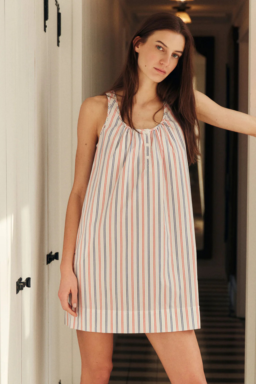 Poplin Frankie Nightgown in Lapis Confection Stripe | Lake Pajamas