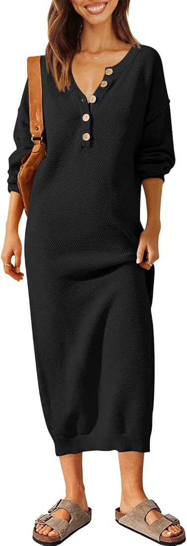 Women Pullover Sweater Maxi Dresses 2023 Fall Long Sleeve Button V Neck Oversized Waffle Knit Swe... | Amazon (US)