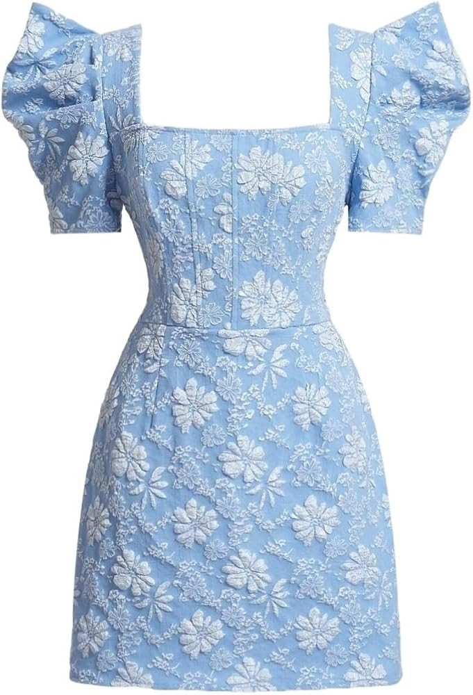Womens Summer Dresses Short Sleeve High Waist Floral Jacquard Square Neck Puff Sleeve Dress Short... | Amazon (US)
