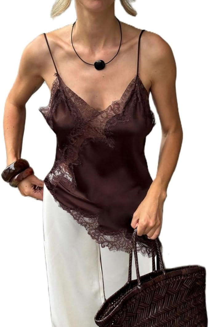 Women Satin Lace Camisole Top Sleeveless Spaghetti Strap Silk Lace Trim Cami Top Asymmetrical Tan... | Amazon (US)