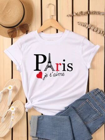 SHEIN LUNE Eiffel Tower And Letter Graphic Tee | SHEIN