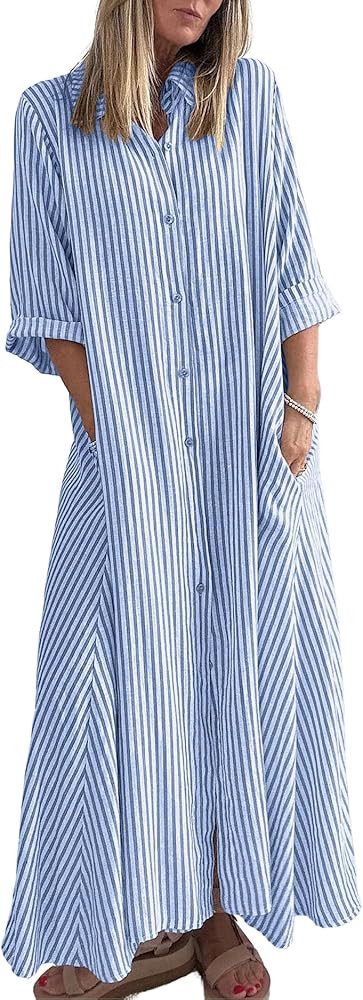 chouyatou Women 2026 Summer Boho Striped Maxi Shirt Dress 3/4 Sleeve Business Casual Button Down ... | Amazon (US)