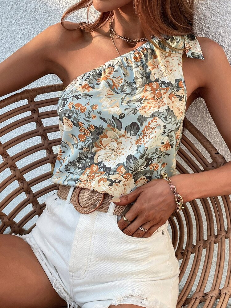 SHEIN VCAY Floral Print Tie One Shoulder Blouse | SHEIN