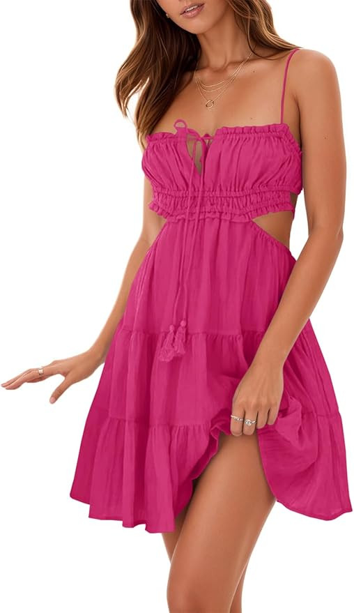 Wenrine Womens Summer Beach Mini Dress Adjustable Spaghetti Straps Sleeveless Backless Tiered Boh... | Amazon (US)