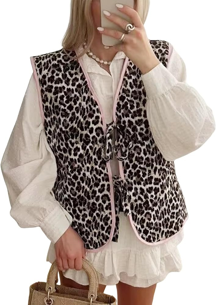 Yimoon Women's Floral Puffer Vest Leopard Print Tie Front Sleeveless Quilted Jacket Open Front Pa... | Amazon (US)