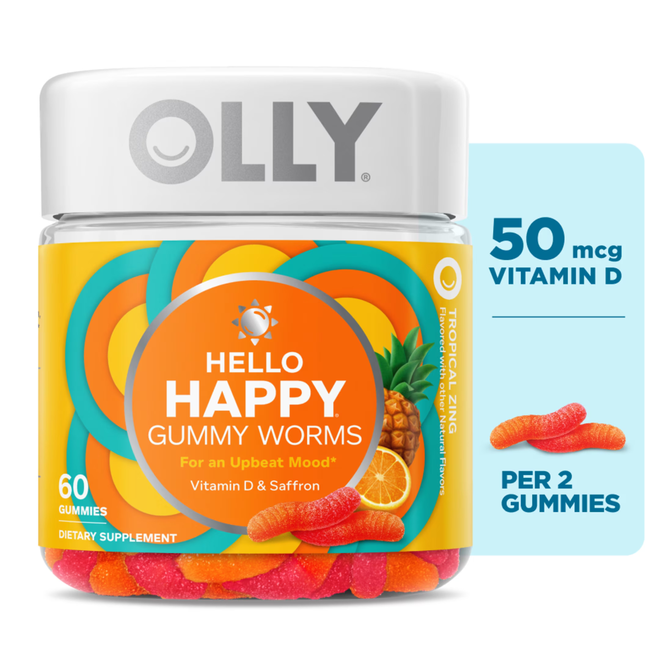 OLLY Hello Happy Gummy Worms, Saffron ExtraCount, Vitamin D, Tropical Zing Flavored, 60 Count | Walmart (US)