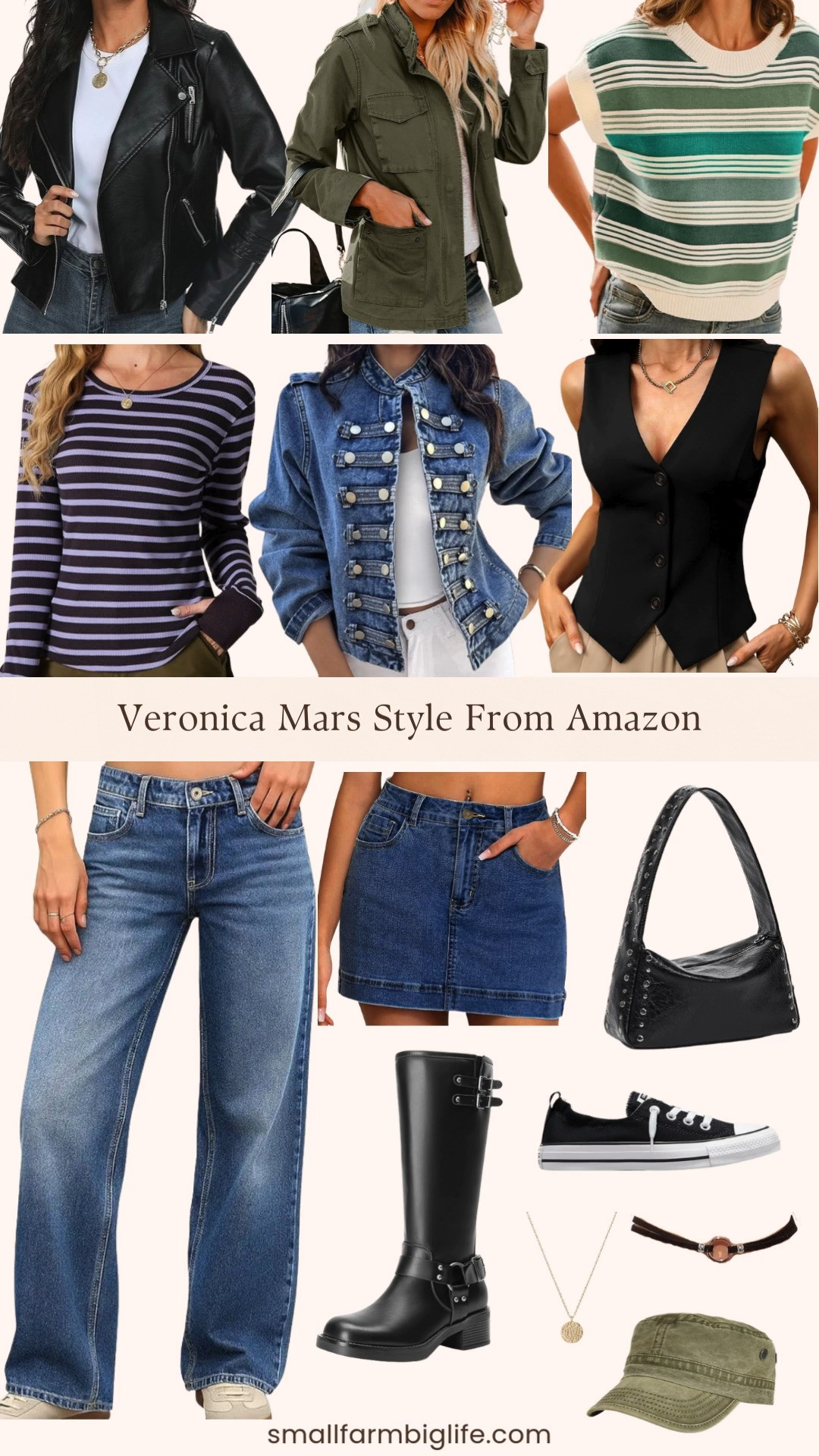 Channeling a little Veronica Mars style with these Amazon finds 🖤 Think early 2000s detective vibes with motorcycle boots, a studded shoulder bag, baggy jeans, and a denim mini skirt, layered with waffle tees, vests, and a military jacket. I also linked the classic black Converse, layered necklaces, and army cap that pull the whole look together. 

 #LTKgrwm #LTKootd #LTKOver40