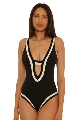 BECCA Coast Line - Women's Plunge One Piece Swimsuit, Adjustable, Bathing Suits for Women, Black Tan, Small | Amazon (US)