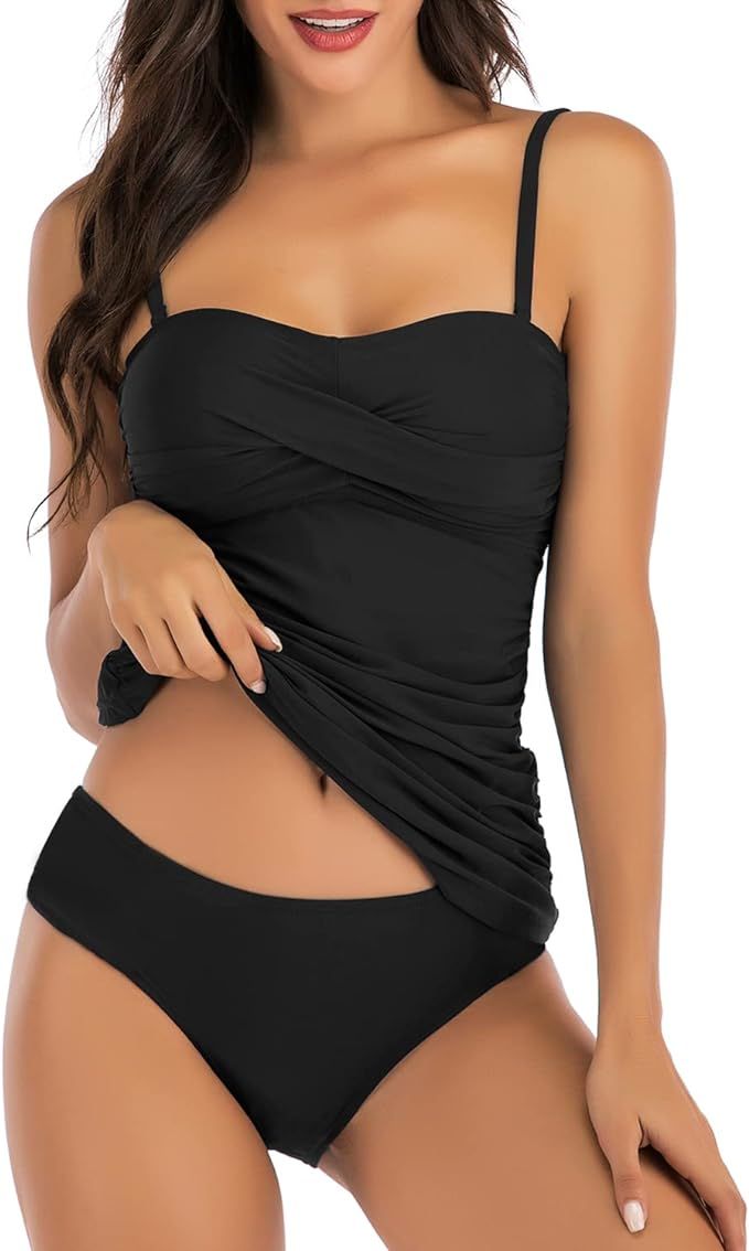 Women's Twist Front Bandeau Tankini Set Two Pieces Ruched Tummy Control Suimsuit with Mid Waist B... | Amazon (US)