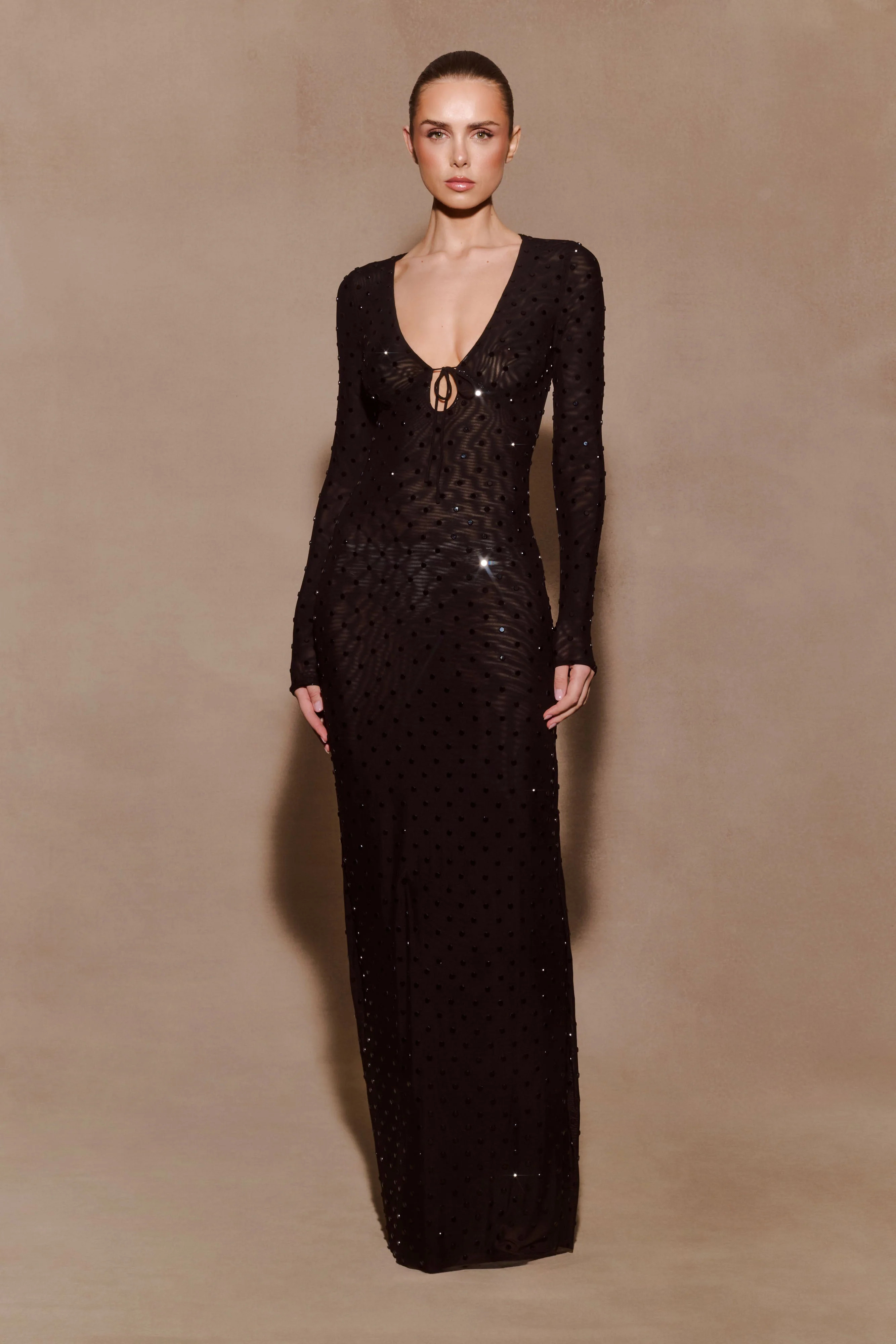 Acadia Diamante Long Sleeve Maxi Dress - Black | Meshki UK