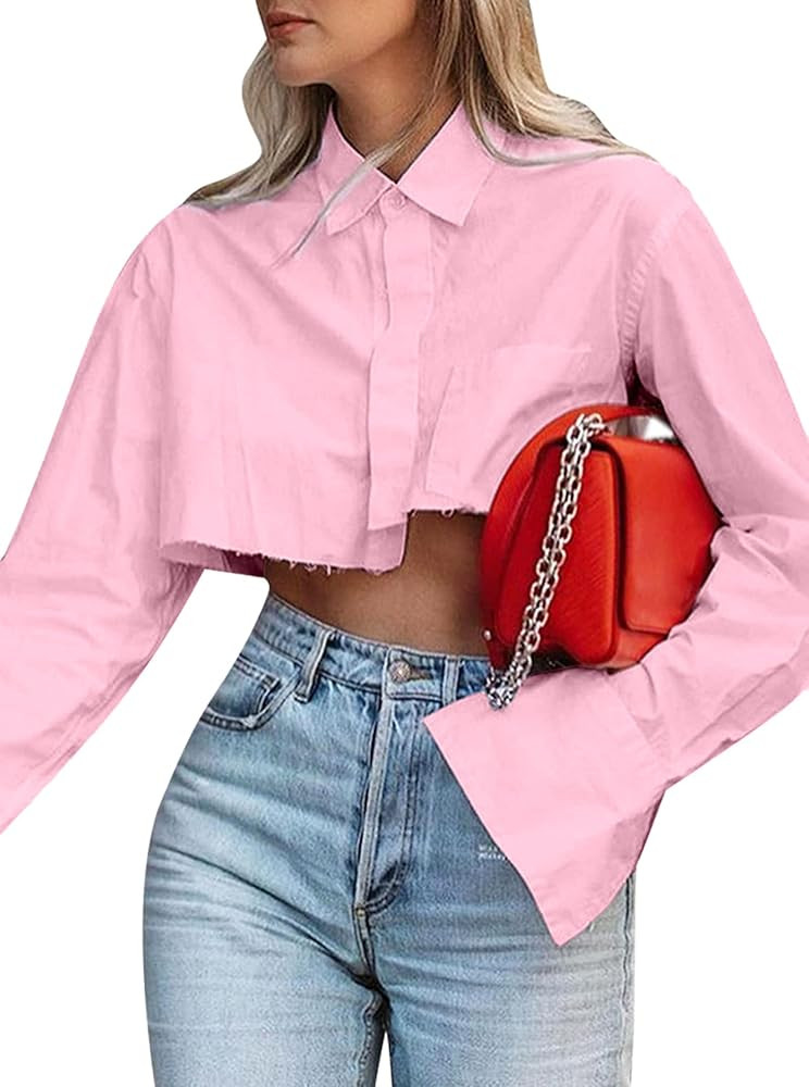Remidoo Women's Asymmetrical Hem Long Sleeve Button Up Shirt Crop Top Blouse | Amazon (US)