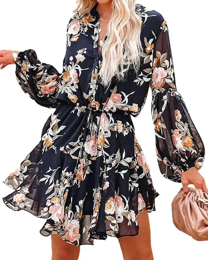 Womens 2023 Spring Summer Boho Long Sleeve Flowy Dresses Floral Button Down Lantern Sleeve Tie Wa... | Amazon (US)