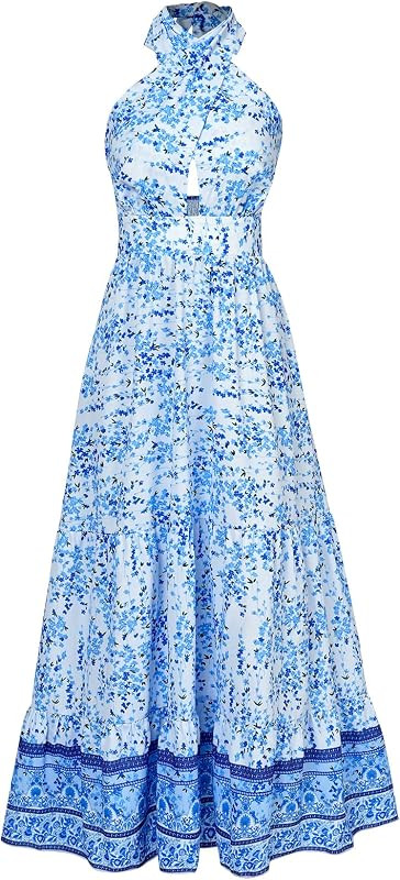 IFFEI Womens 2023 Summer Boho Dress Floral Print Halter Neck Flowy Casual Beach Long Maxi Dresses | Amazon (US)