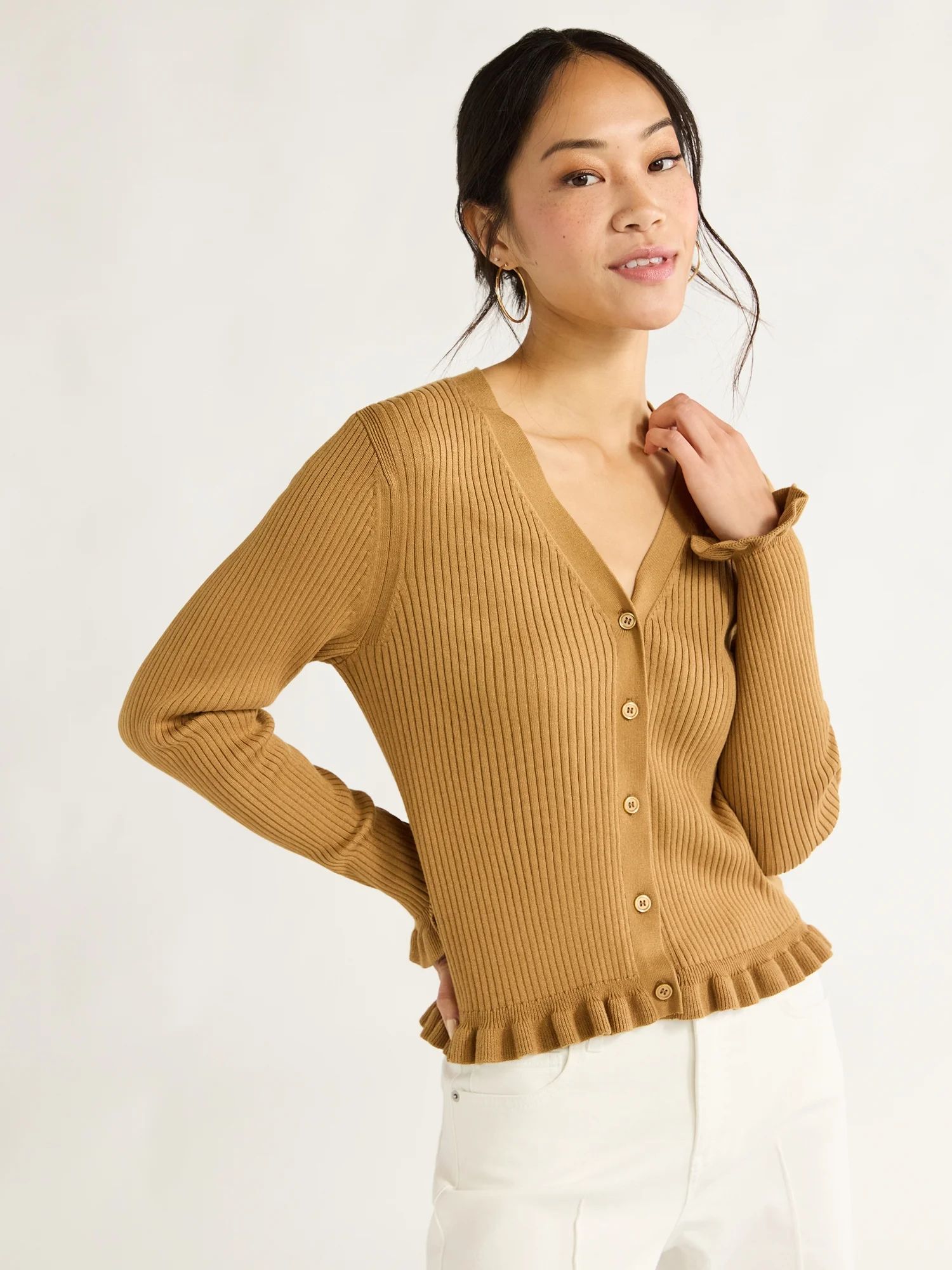 Free Assembly Women's Ruffle Hem Cardigan Sweater with Long Sleeves, Lightweight, Sizes XS-XL | Walmart (US)