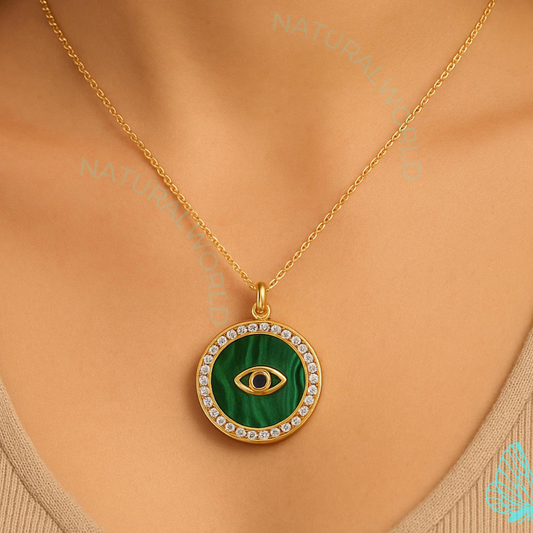 14K Gold Gemstone Evil Eye Disc Pendant, Malachite Evil Eye Disc Pendant, Gemstone Protection Dis... | Etsy (US)