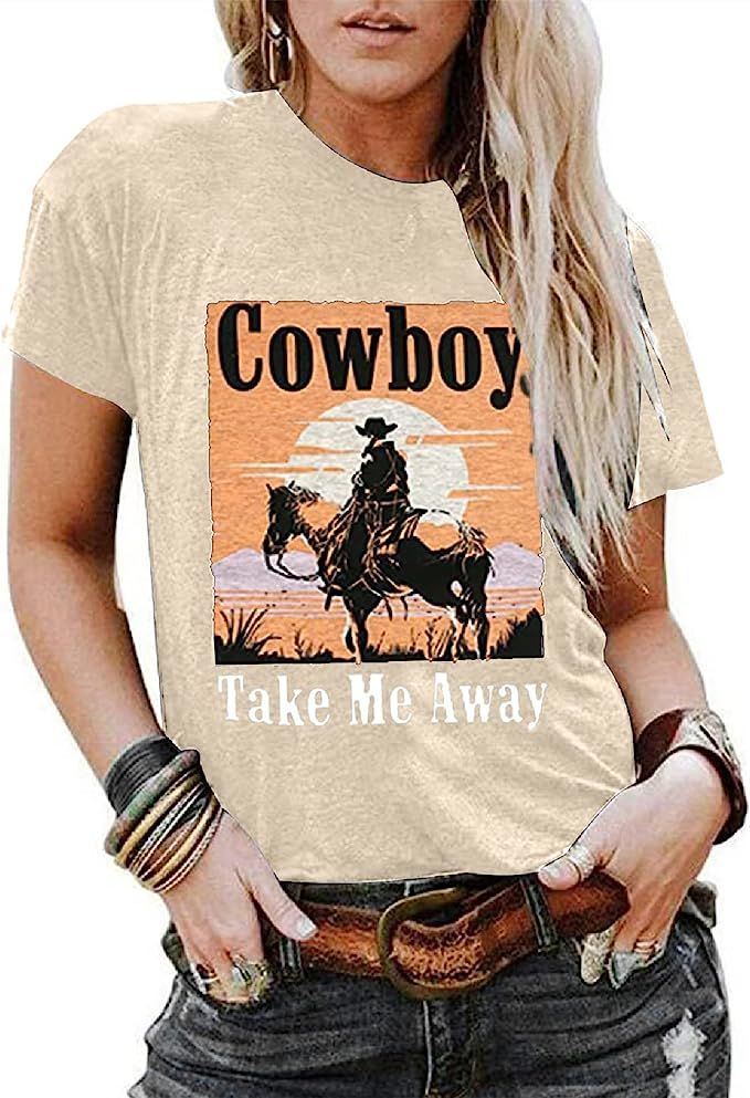 Cowboy Take Me Away Shirts for Women Western Vintage Graphic T-Shirt Casual Rodeo Tee Tops | Amazon (US)