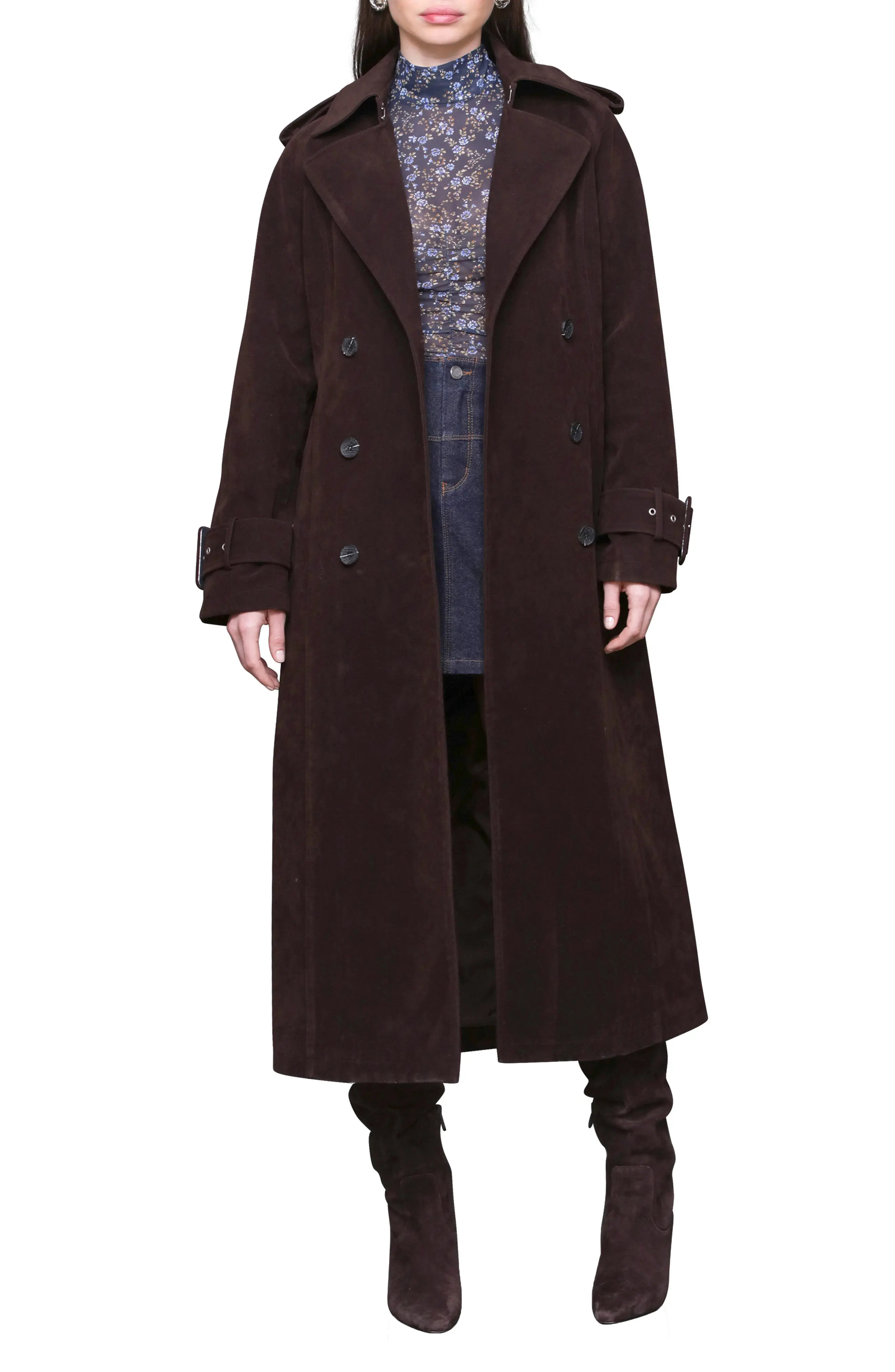 Avec Les Filles Double Breasted Faux Suede Trench Coat in Chocolate at Nordstrom, Size Large | Nordstrom