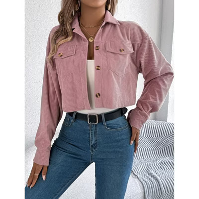 Womens Jackets Corduroy Cropped Button Front Pocket Notch Collar Jacket Pink S | Target