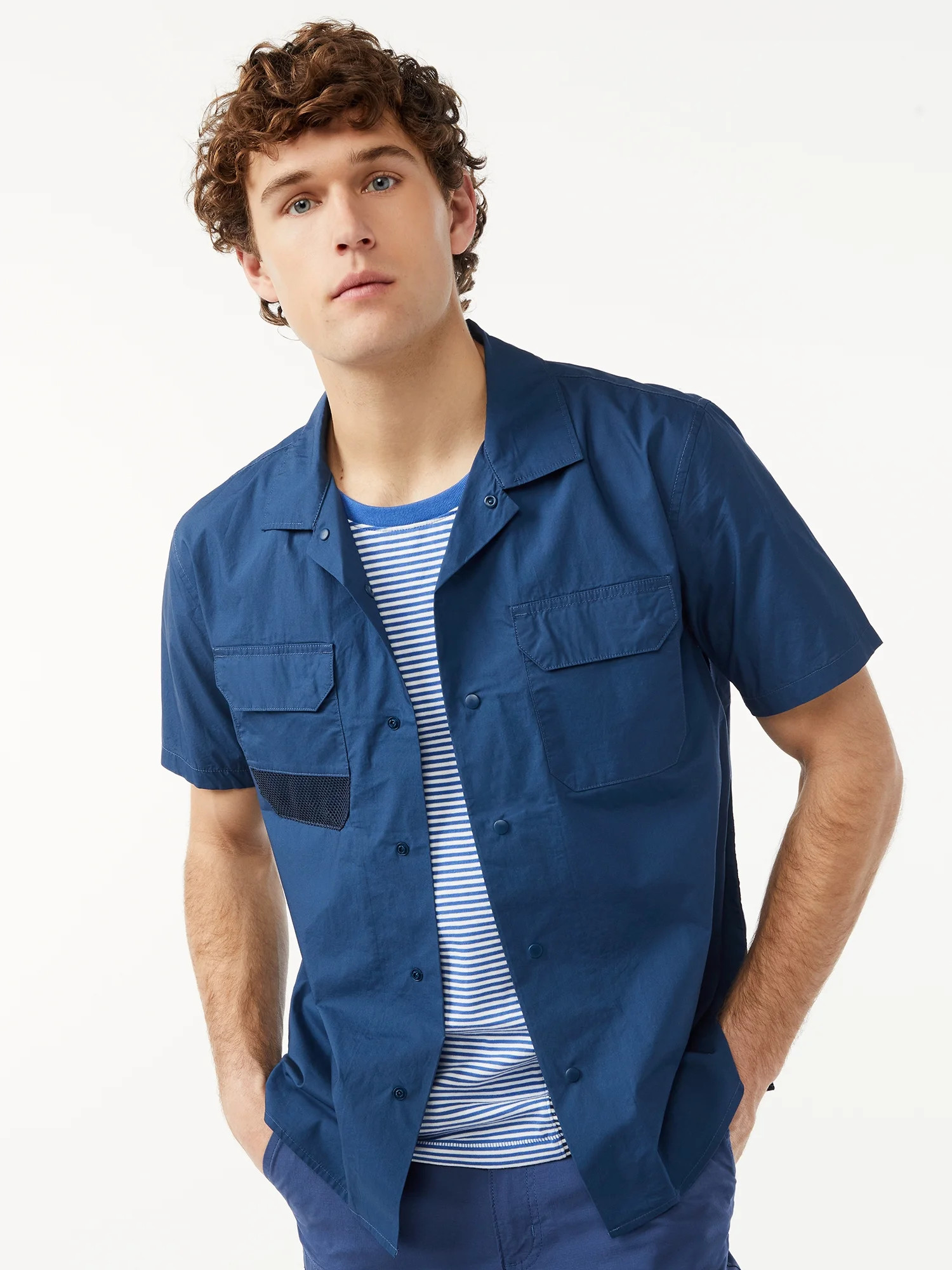 Free Assembly Men's Cotton Poplin Camp Shirt with Mesh Pocket - Walmart.com | Walmart (US)