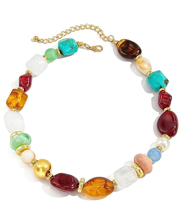 Colorful chunky Beaded Necklace for Women: Boho Irregular Resin Bead Necklace Adjustable Choker N... | Amazon (US)