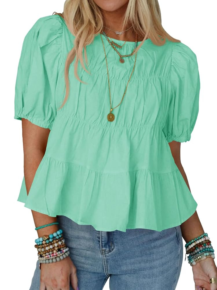 Tankaneo Womens Puff Sleeve Peplum Babydoll Tops Summer Smoked Pleated Cotton T-Shirts Casual Loo... | Amazon (US)