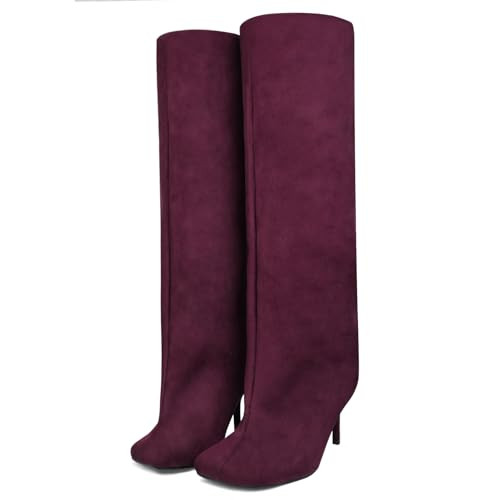 UBWDU Women's Suede Knee High Boots Wide Calf Square Toe Stiletto Heels Tall Booties High Heel Long Boots Burgundy 8.5 | Amazon (US)