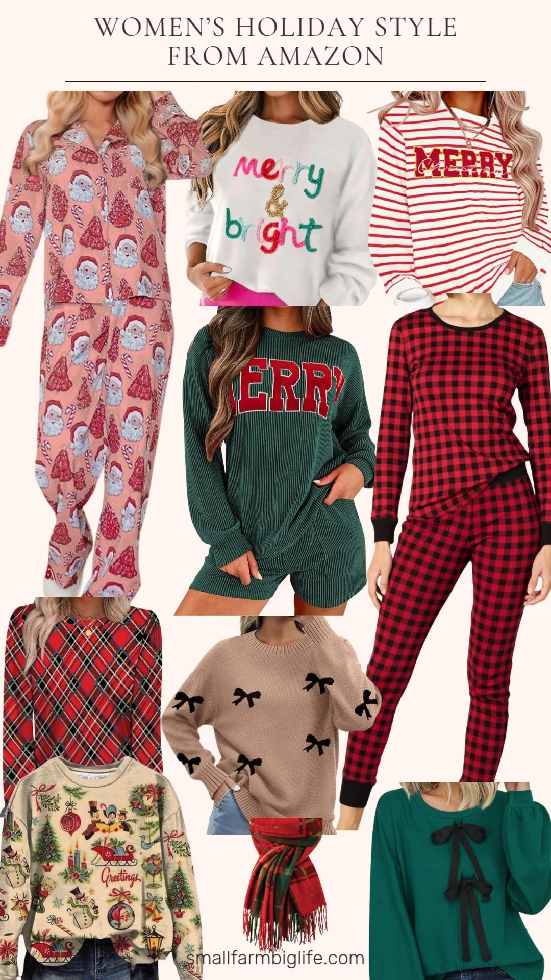 Festive and fun finds for the season! 🎄 From holiday pajamas to plaid tops, merry sweaters, and bow details, these Amazon favorites make dressing for the holidays both cozy and chic. Add a plaid scarf to complete your festive look! 

 #LTKHoliday #LTKSeasonal #LTKFindsUnder50