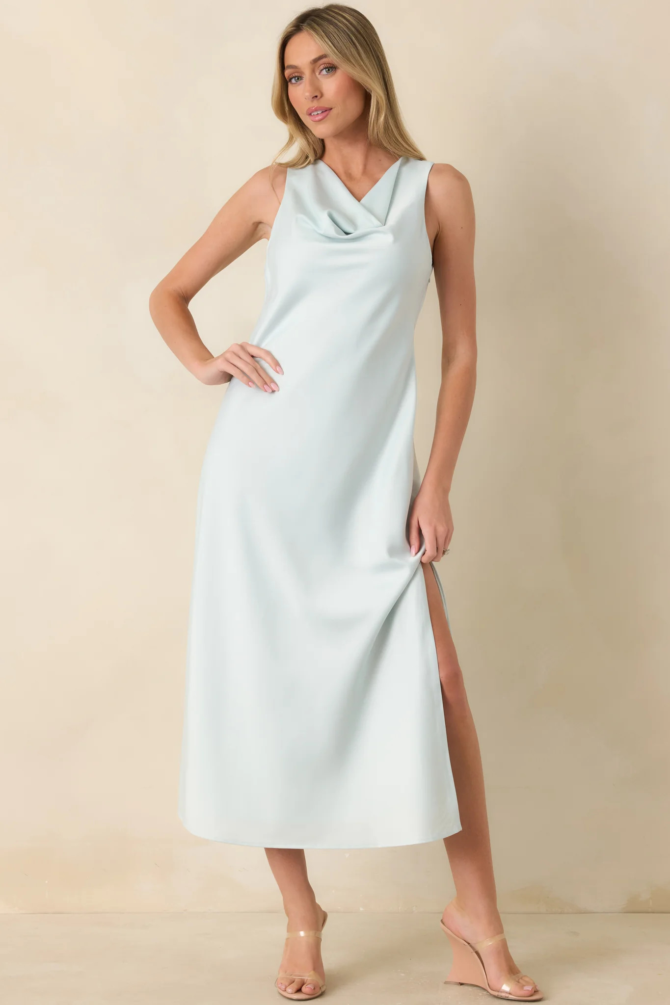 The Moment Is Ours Sky Blue Satin Finish Midi Dress | Red Dress
