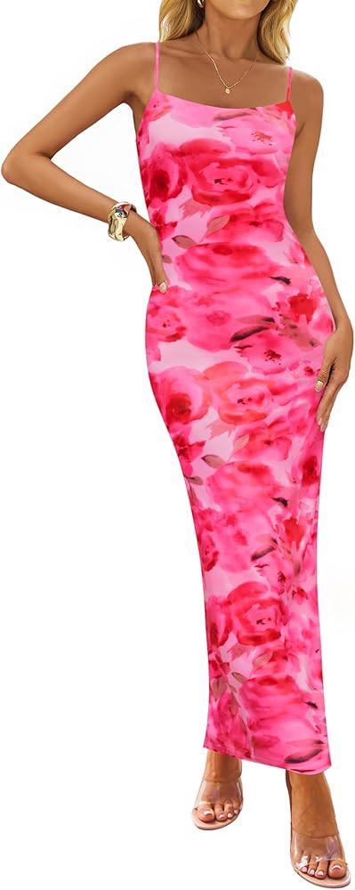 ZESICA Women’s Summer Bodycon Maxi Dresses 2025 Floral Spaghetti Strap Square Neck Sleeveless B... | Amazon (US)